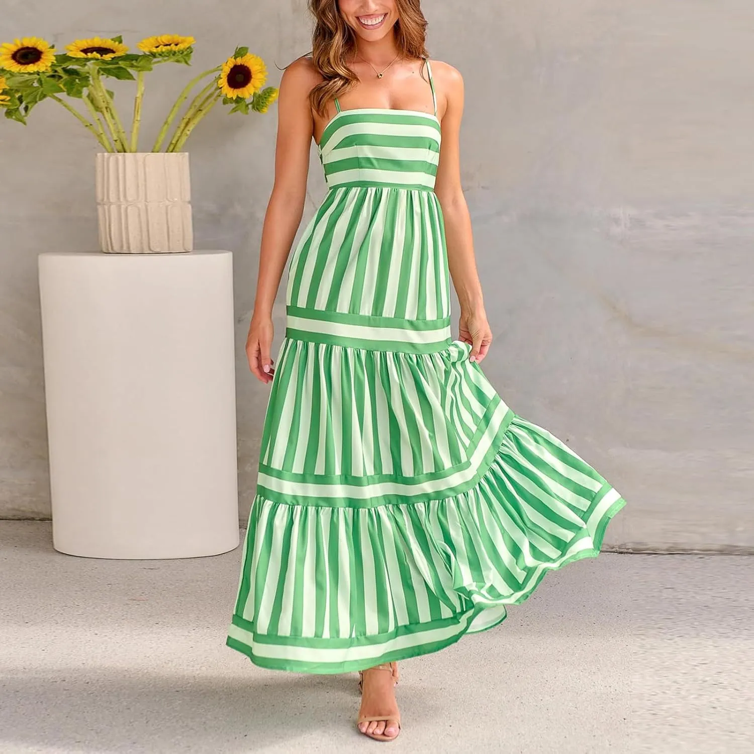 Women's Striped Maxi Dress Spaghetti Strap Sleeveless Cutout Long Dress Flowy Swing Beach Sun Dress