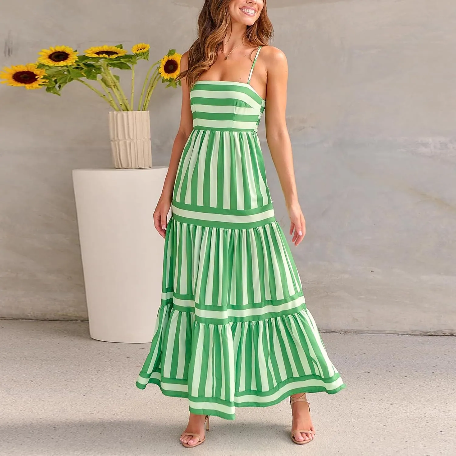 Women's Striped Maxi Dress Spaghetti Strap Sleeveless Cutout Long Dress Flowy Swing Beach Sun Dress