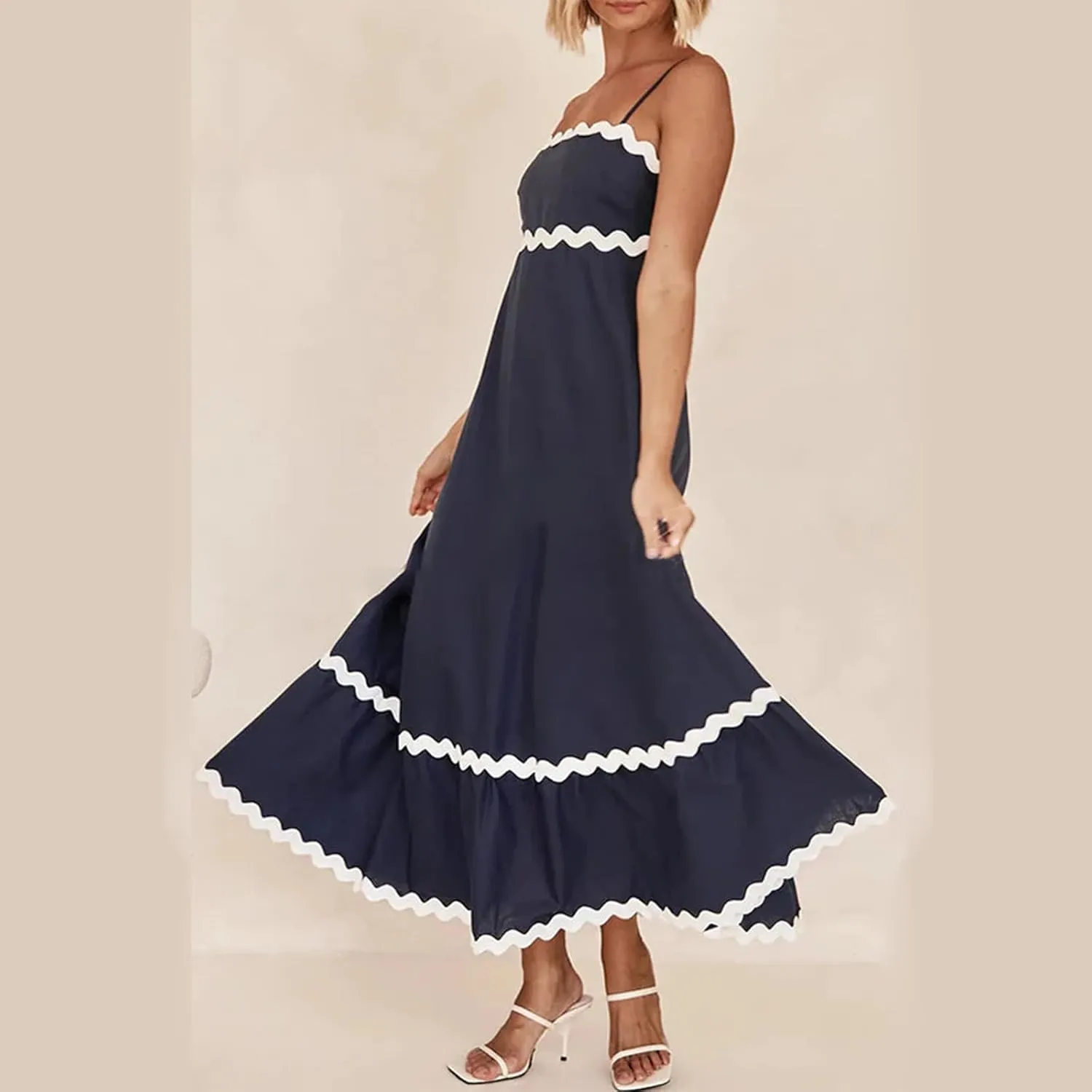 Women's Striped Maxi Dress Spaghetti Strap Sleeveless Cutout Long Dress Flowy Swing Beach Sun Dress