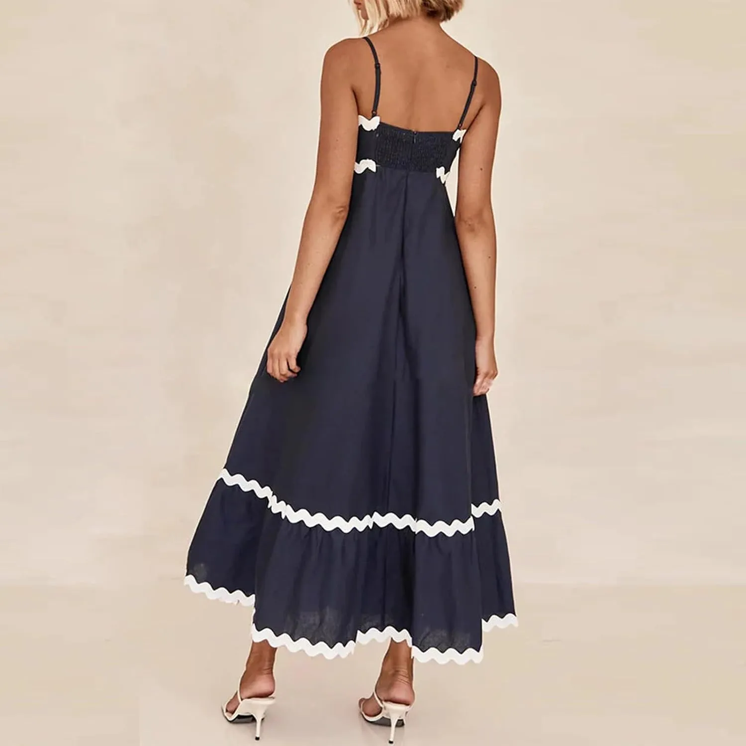 Women's Striped Maxi Dress Spaghetti Strap Sleeveless Cutout Long Dress Flowy Swing Beach Sun Dress
