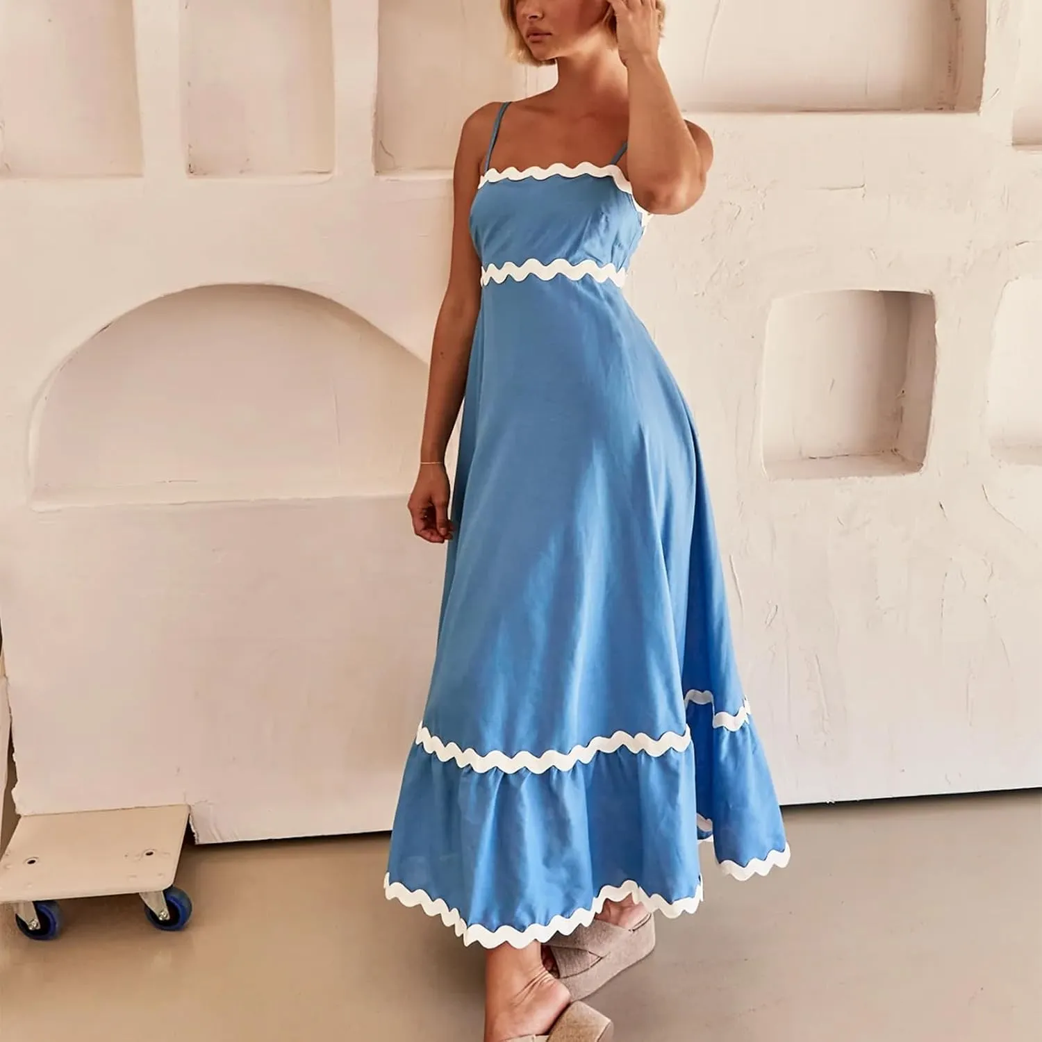 Women's Striped Maxi Dress Spaghetti Strap Sleeveless Cutout Long Dress Flowy Swing Beach Sun Dress