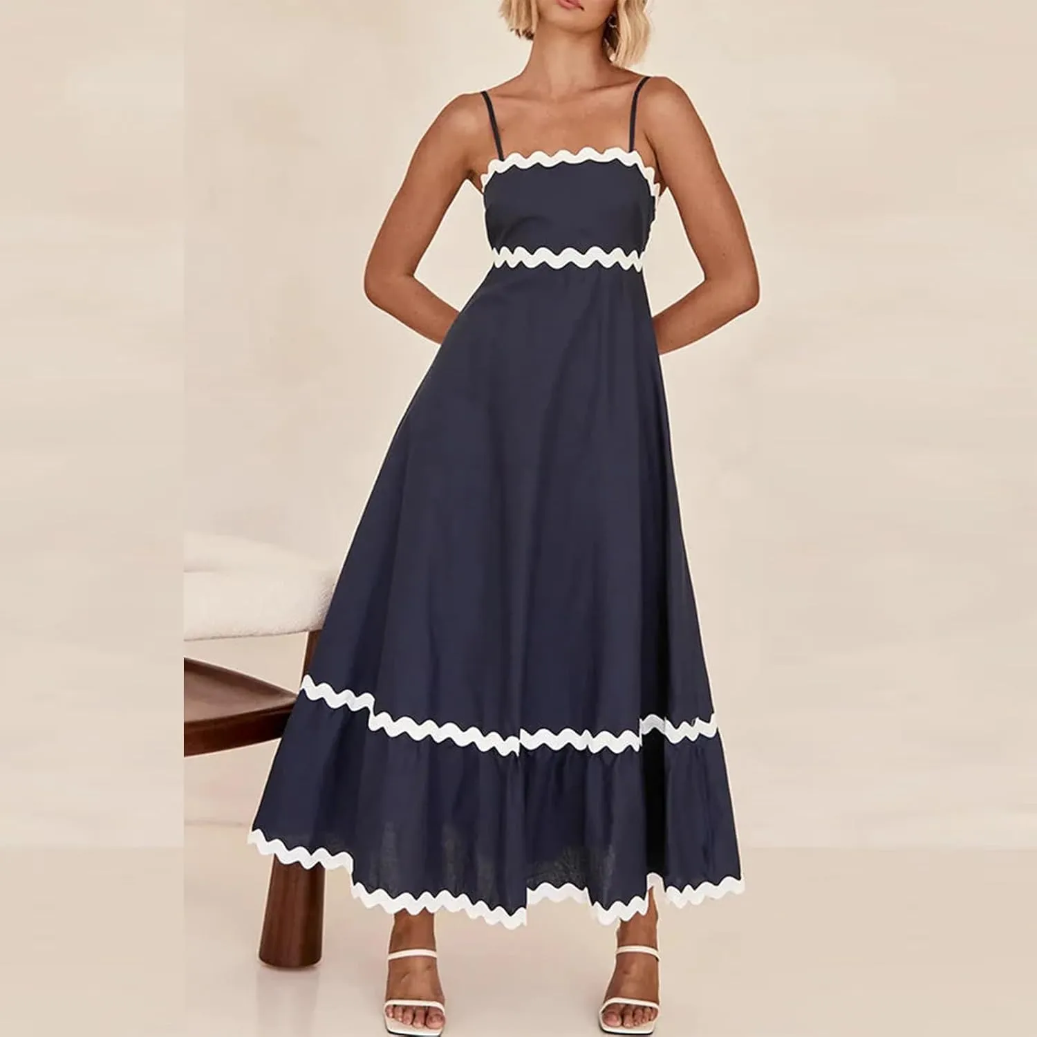 Women's Striped Maxi Dress Spaghetti Strap Sleeveless Cutout Long Dress Flowy Swing Beach Sun Dress