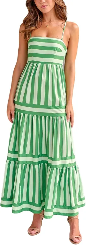 Women's Striped Maxi Dress Spaghetti Strap Sleeveless Cutout Long Dress Flowy Swing Beach Sun Dress