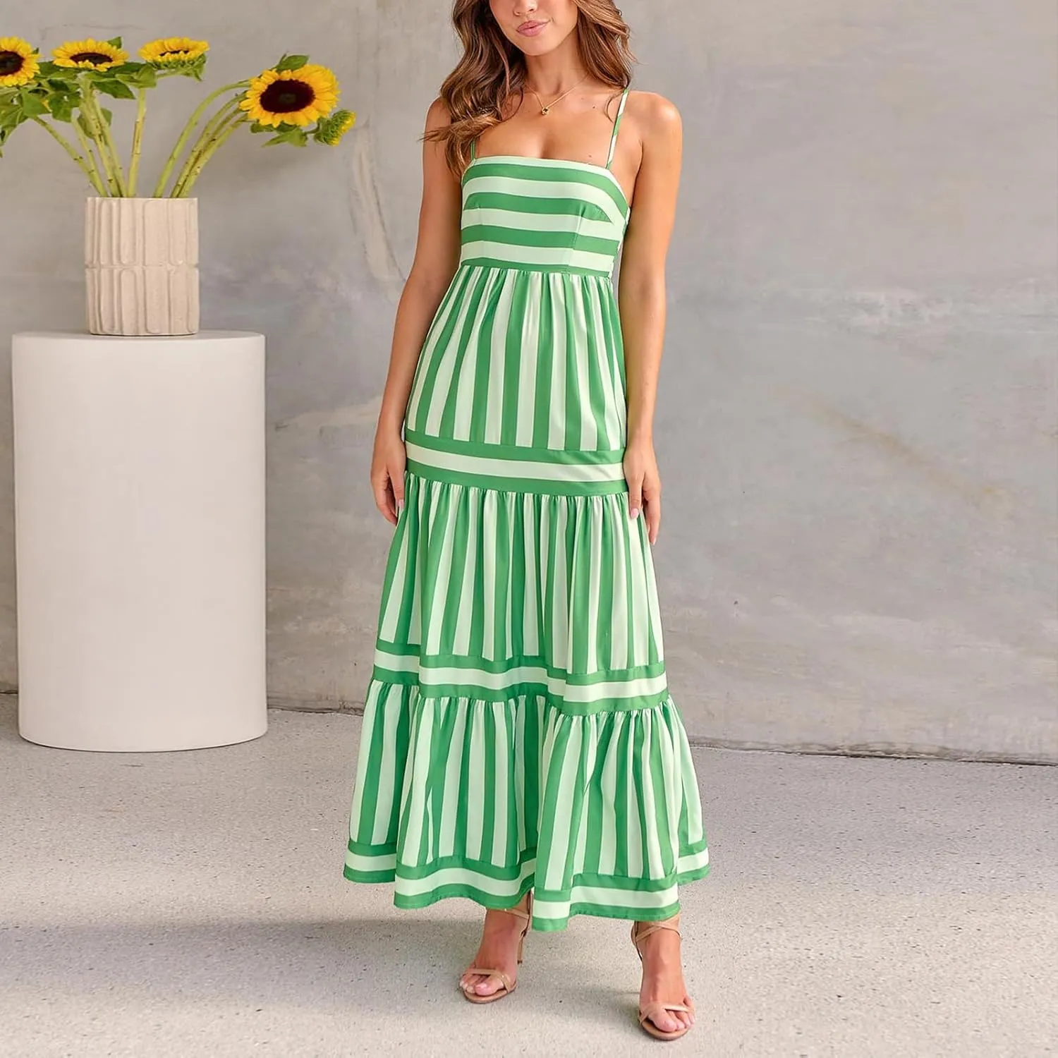 Women's Striped Maxi Dress Spaghetti Strap Sleeveless Cutout Long Dress Flowy Swing Beach Sun Dress