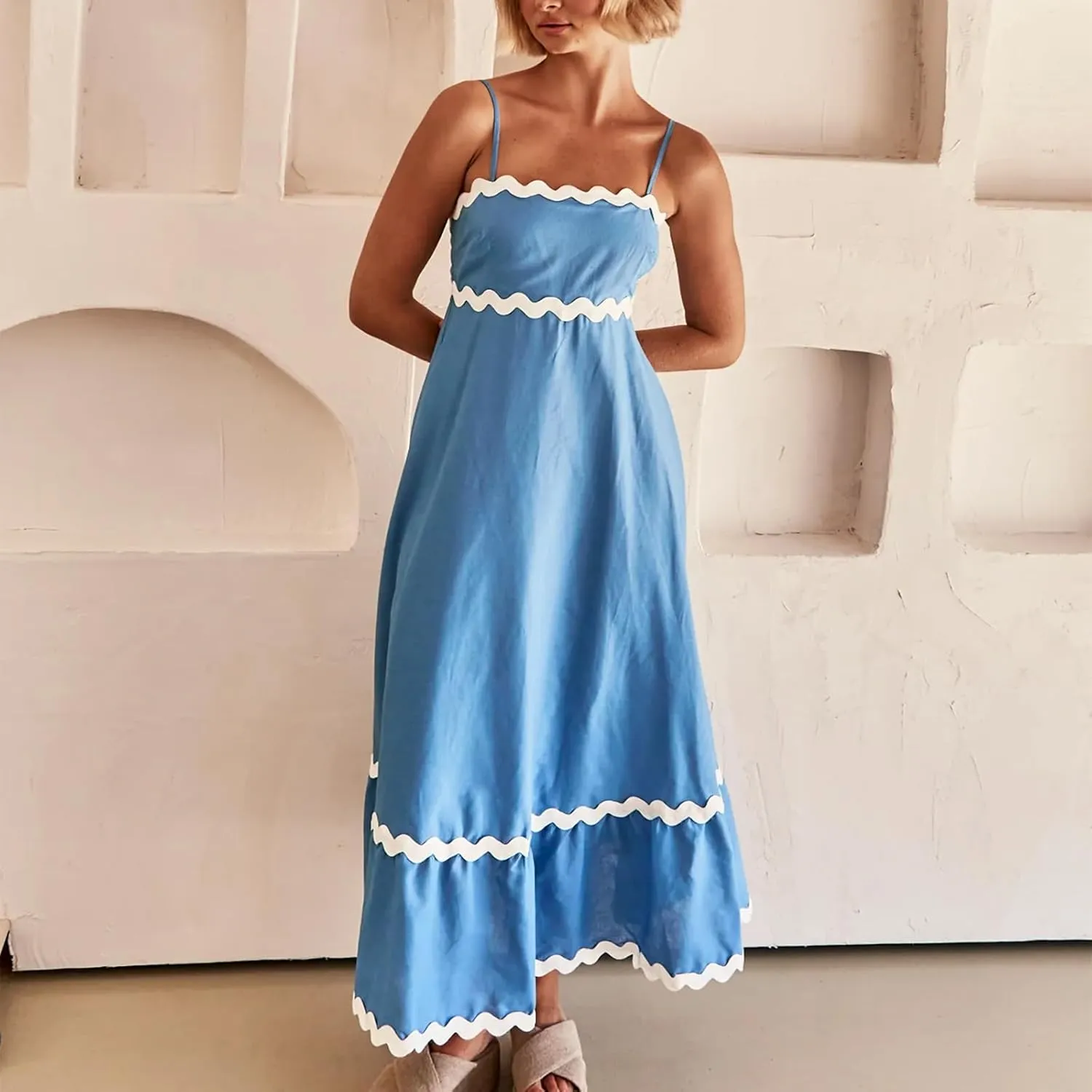 Women's Striped Maxi Dress Spaghetti Strap Sleeveless Cutout Long Dress Flowy Swing Beach Sun Dress