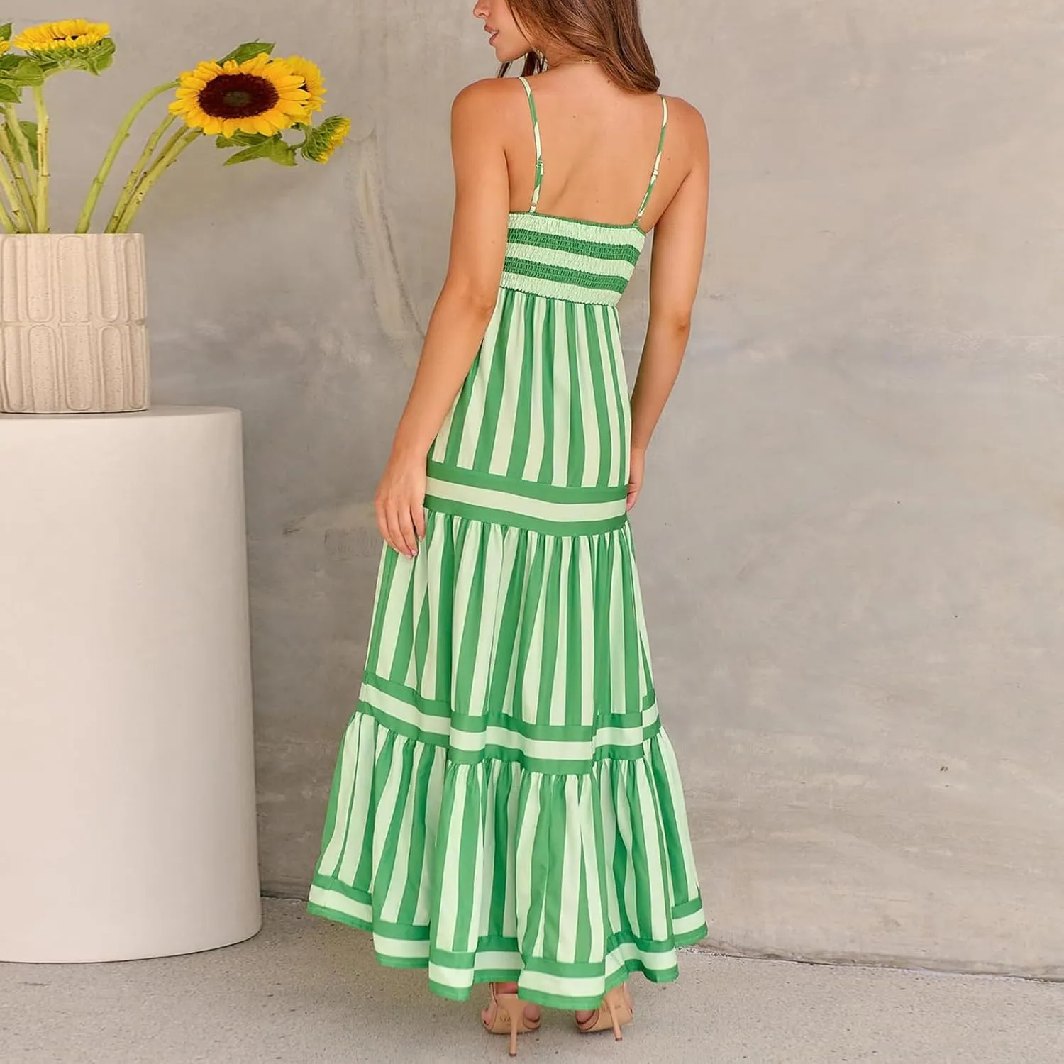 Women's Striped Maxi Dress Spaghetti Strap Sleeveless Cutout Long Dress Flowy Swing Beach Sun Dress