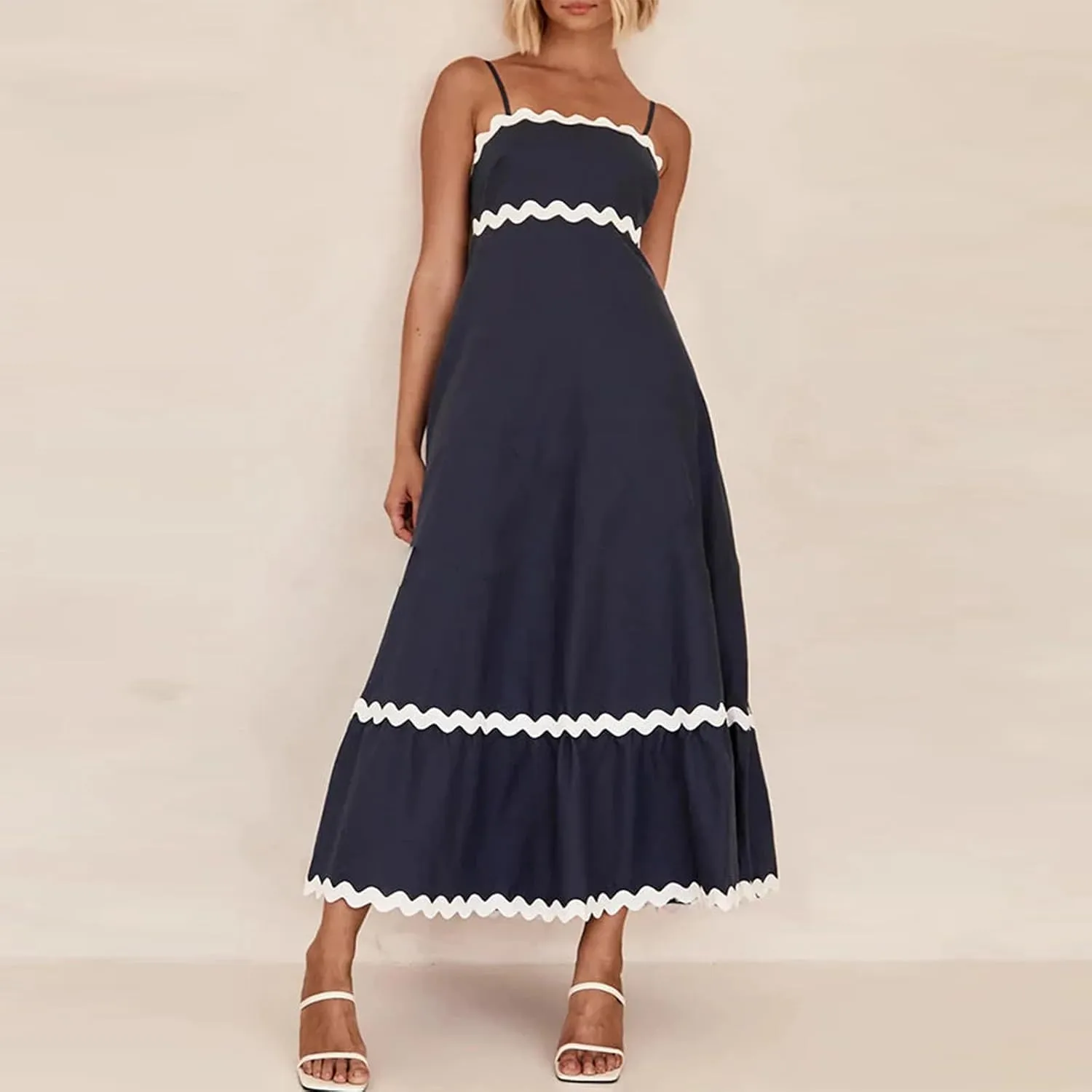 Women's Striped Maxi Dress Spaghetti Strap Sleeveless Cutout Long Dress Flowy Swing Beach Sun Dress