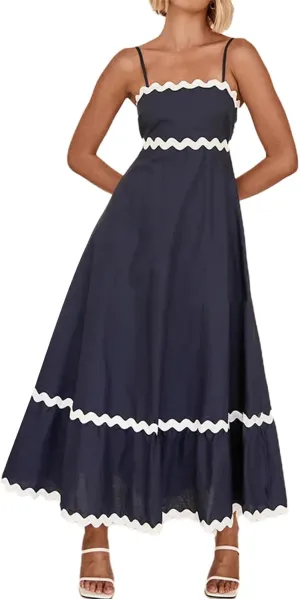 Women's Striped Maxi Dress Spaghetti Strap Sleeveless Cutout Long Dress Flowy Swing Beach Sun Dress