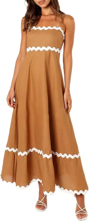 Women's Striped Maxi Dress Spaghetti Strap Sleeveless Cutout Long Dress Flowy Swing Beach Sun Dress