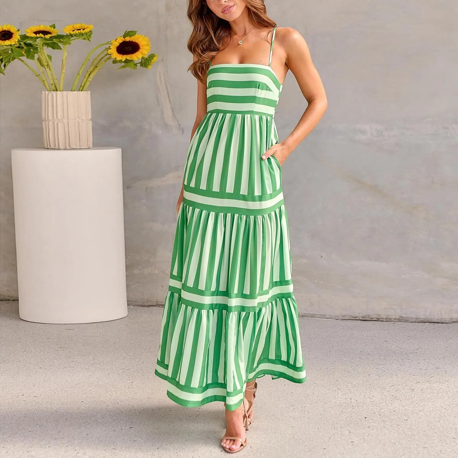 Women's Striped Maxi Dress Spaghetti Strap Sleeveless Cutout Long Dress Flowy Swing Beach Sun Dress