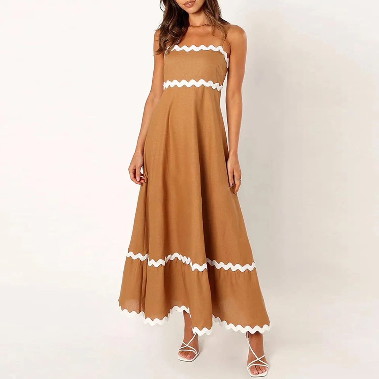 Women's Striped Maxi Dress Spaghetti Strap Sleeveless Cutout Long Dress Flowy Swing Beach Sun Dress