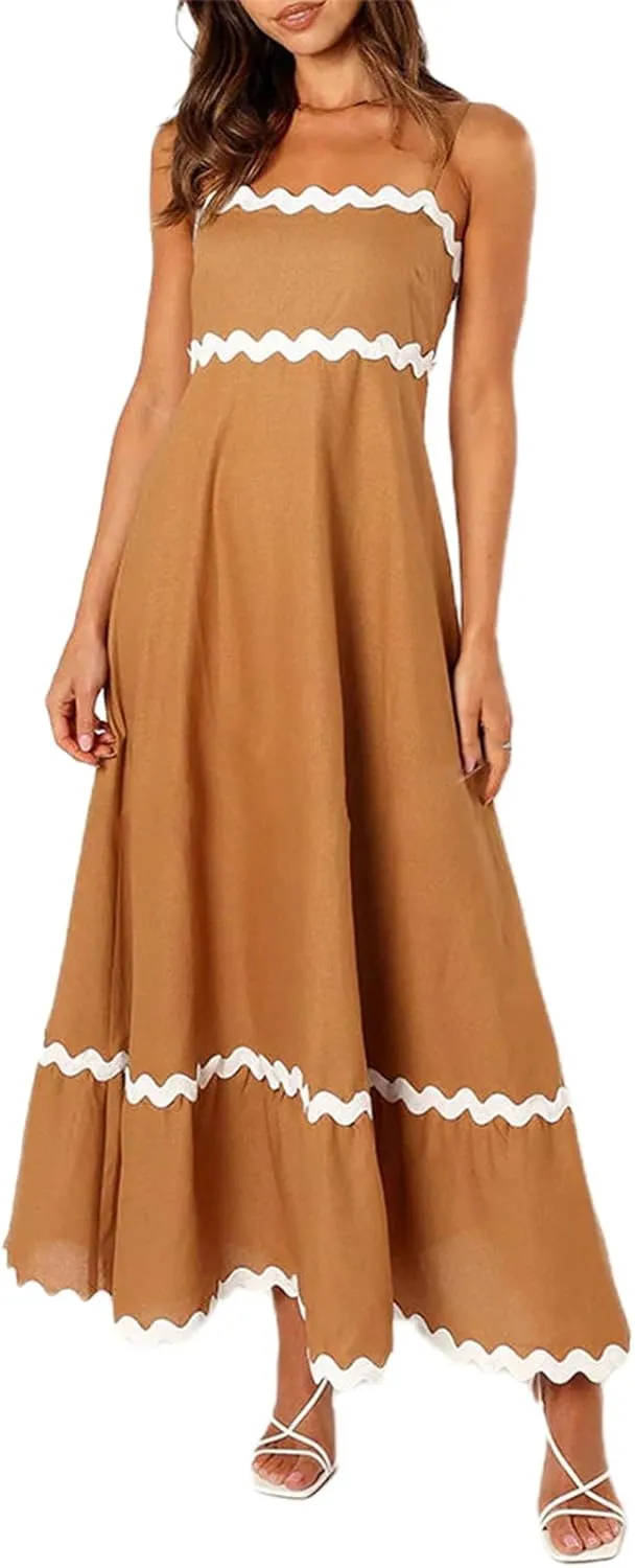 Women's Striped Maxi Dress Spaghetti Strap Sleeveless Cutout Long Dress Flowy Swing Beach Sun Dress