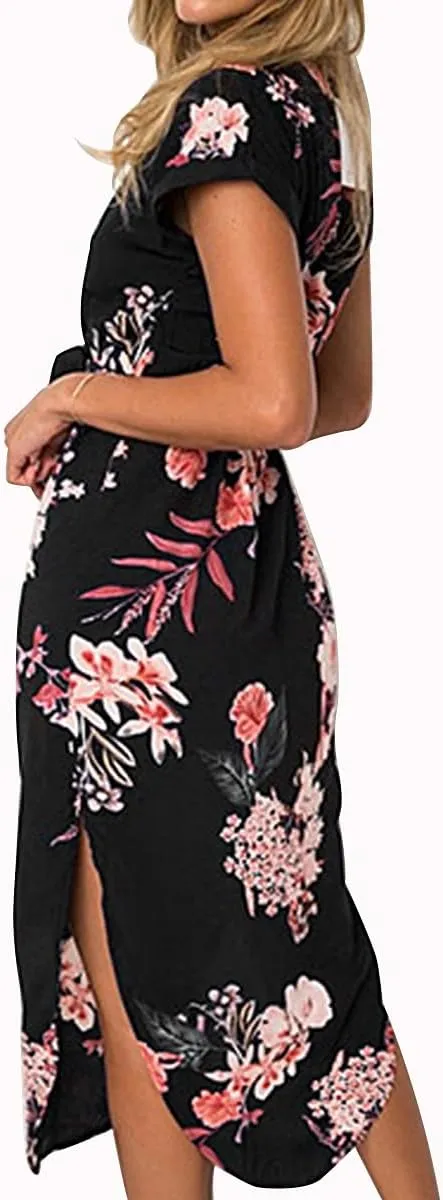 Women's Summer Casual Vacation Dress with Floral Geometric Pattern Short Sleeved midi lace up V-Neck Long Dress
