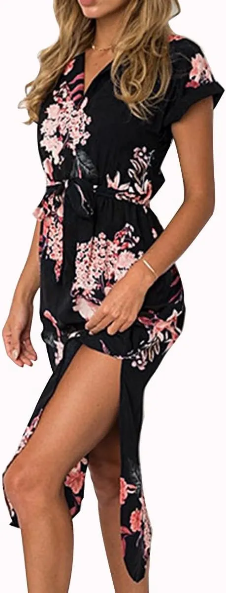 Women's Summer Casual Vacation Dress with Floral Geometric Pattern Short Sleeved midi lace up V-Neck Long Dress