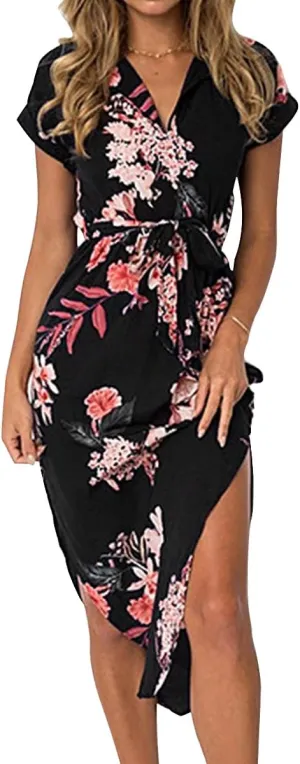 Women's Summer Casual Vacation Dress with Floral Geometric Pattern Short Sleeved midi lace up V-Neck Long Dress