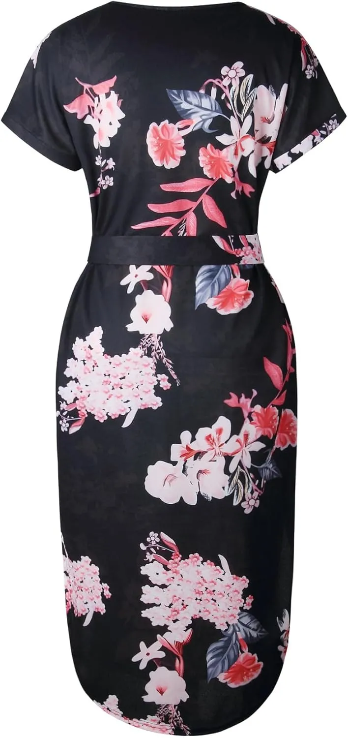 Women's Summer Casual Vacation Dress with Floral Geometric Pattern Short Sleeved midi lace up V-Neck Long Dress