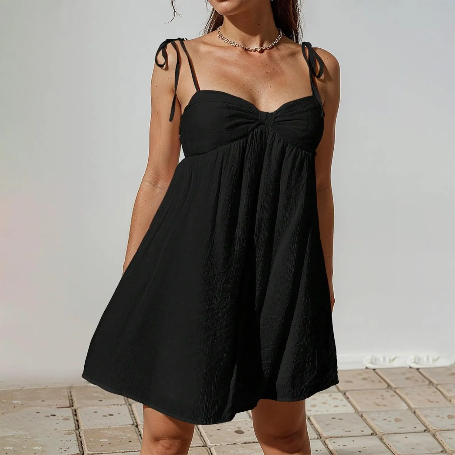 Women's Summer Dresses Trendy Backless Tie Shoulder Cami Dress Sexy Sweetheart Neckline Flowy Babydoll Mini Dress