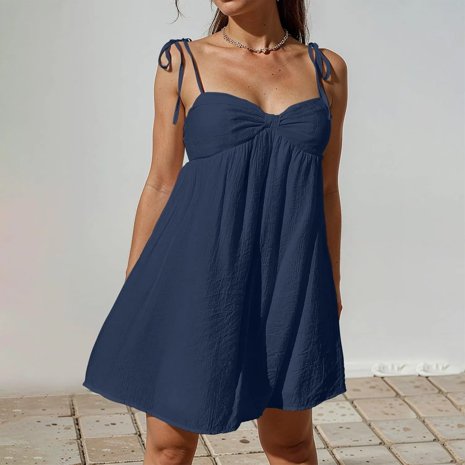 Women's Summer Dresses Trendy Backless Tie Shoulder Cami Dress Sexy Sweetheart Neckline Flowy Babydoll Mini Dress
