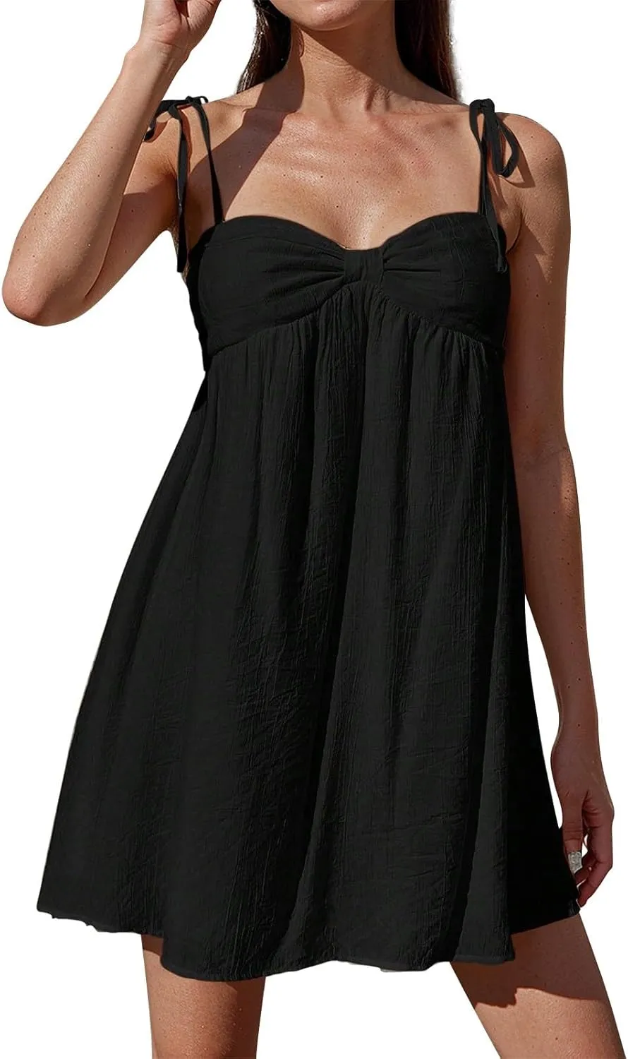 Women's Summer Dresses Trendy Backless Tie Shoulder Cami Dress Sexy Sweetheart Neckline Flowy Babydoll Mini Dress