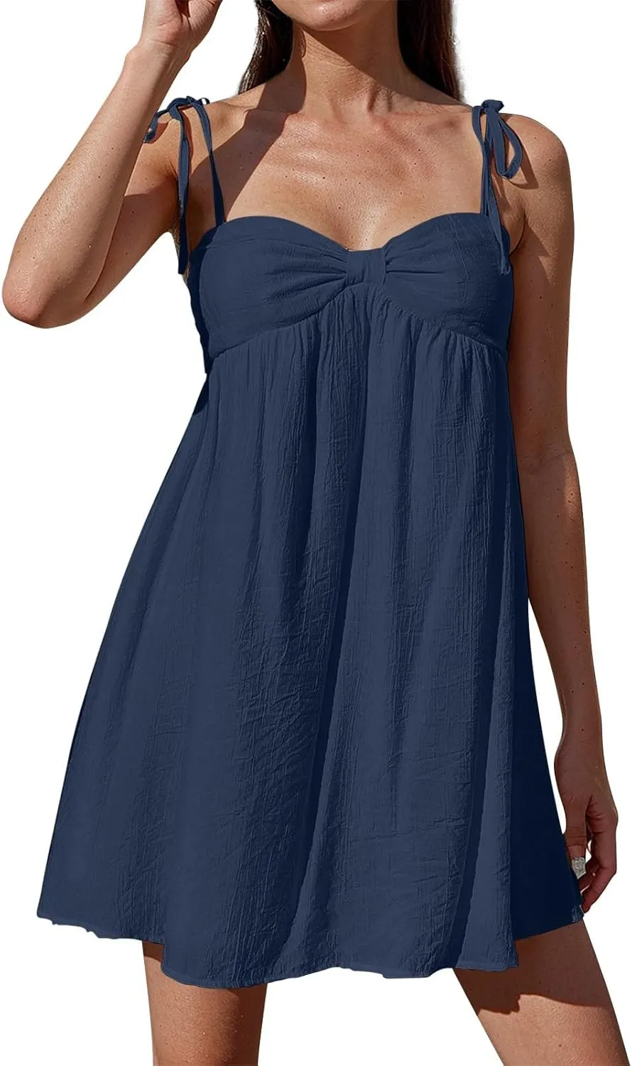 Women's Summer Dresses Trendy Backless Tie Shoulder Cami Dress Sexy Sweetheart Neckline Flowy Babydoll Mini Dress