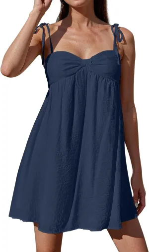 Women's Summer Dresses Trendy Backless Tie Shoulder Cami Dress Sexy Sweetheart Neckline Flowy Babydoll Mini Dress