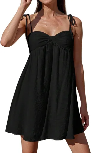 Women's Summer Dresses Trendy Backless Tie Shoulder Cami Dress Sexy Sweetheart Neckline Flowy Babydoll Mini Dress