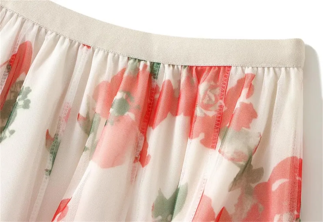 Women's Summer Medium Length Printed High Waist A-Line Umbrella Skirt