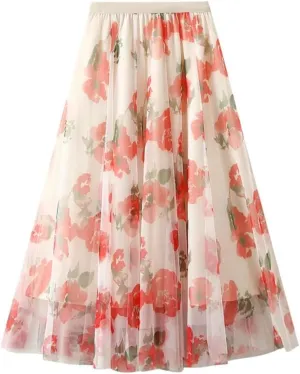 Women's Summer Medium Length Printed High Waist A-Line Umbrella Skirt