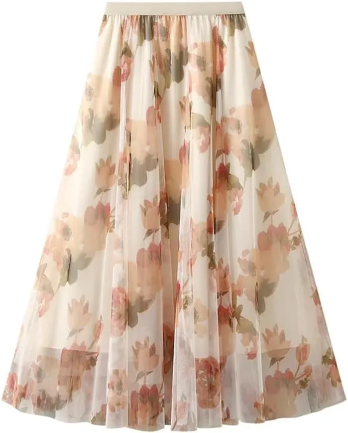 Women's Summer Medium Length Printed High Waist A-Line Umbrella Skirt
