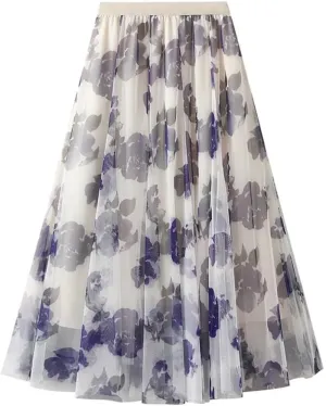Women's Summer Medium Length Printed High Waist A-Line Umbrella Skirt