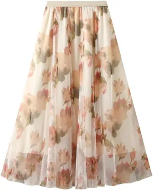 Women's Summer Medium Length Printed High Waist A-Line Umbrella Skirt