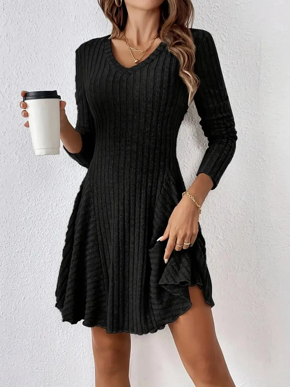 Women's Sweater A-line Dress V-Neck Knitted Ribbed Short Dress Long Sleeve Textured Dress Fall Winter Casual Work Dress