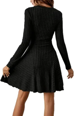 Women's Sweater A-line Dress V-Neck Knitted Ribbed Short Dress Long Sleeve Textured Dress Fall Winter Casual Work Dress