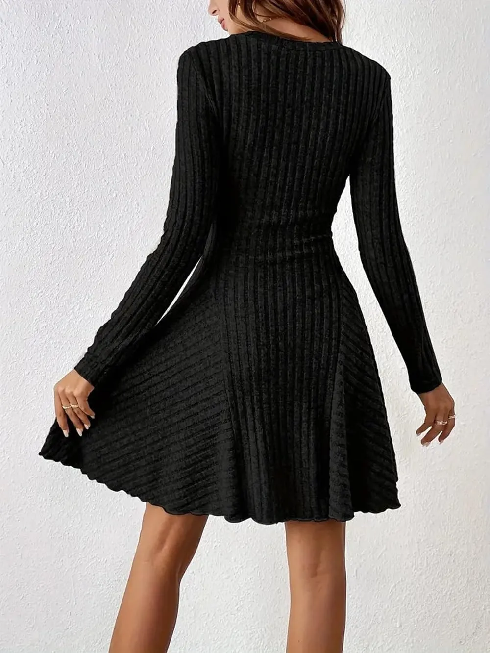 Women's Sweater A-line Dress V-Neck Knitted Ribbed Short Dress Long Sleeve Textured Dress Fall Winter Casual Work Dress