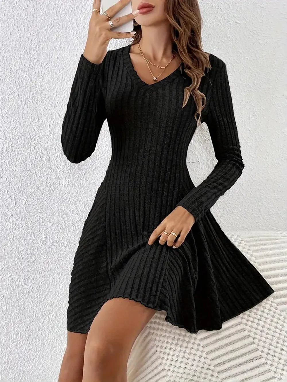Women's Sweater A-line Dress V-Neck Knitted Ribbed Short Dress Long Sleeve Textured Dress Fall Winter Casual Work Dress