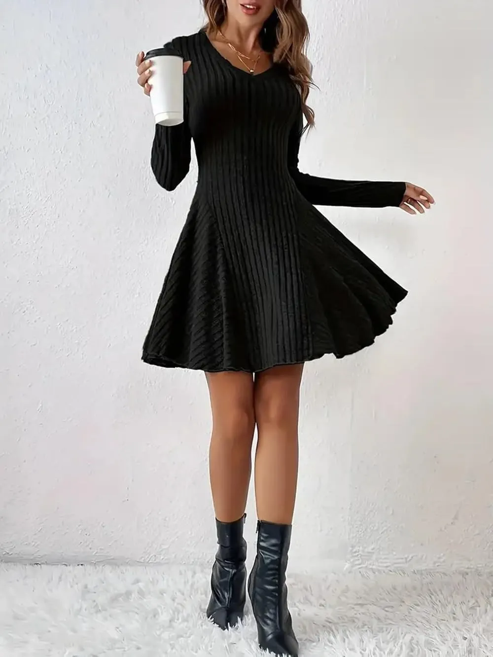 Women's Sweater A-line Dress V-Neck Knitted Ribbed Short Dress Long Sleeve Textured Dress Fall Winter Casual Work Dress