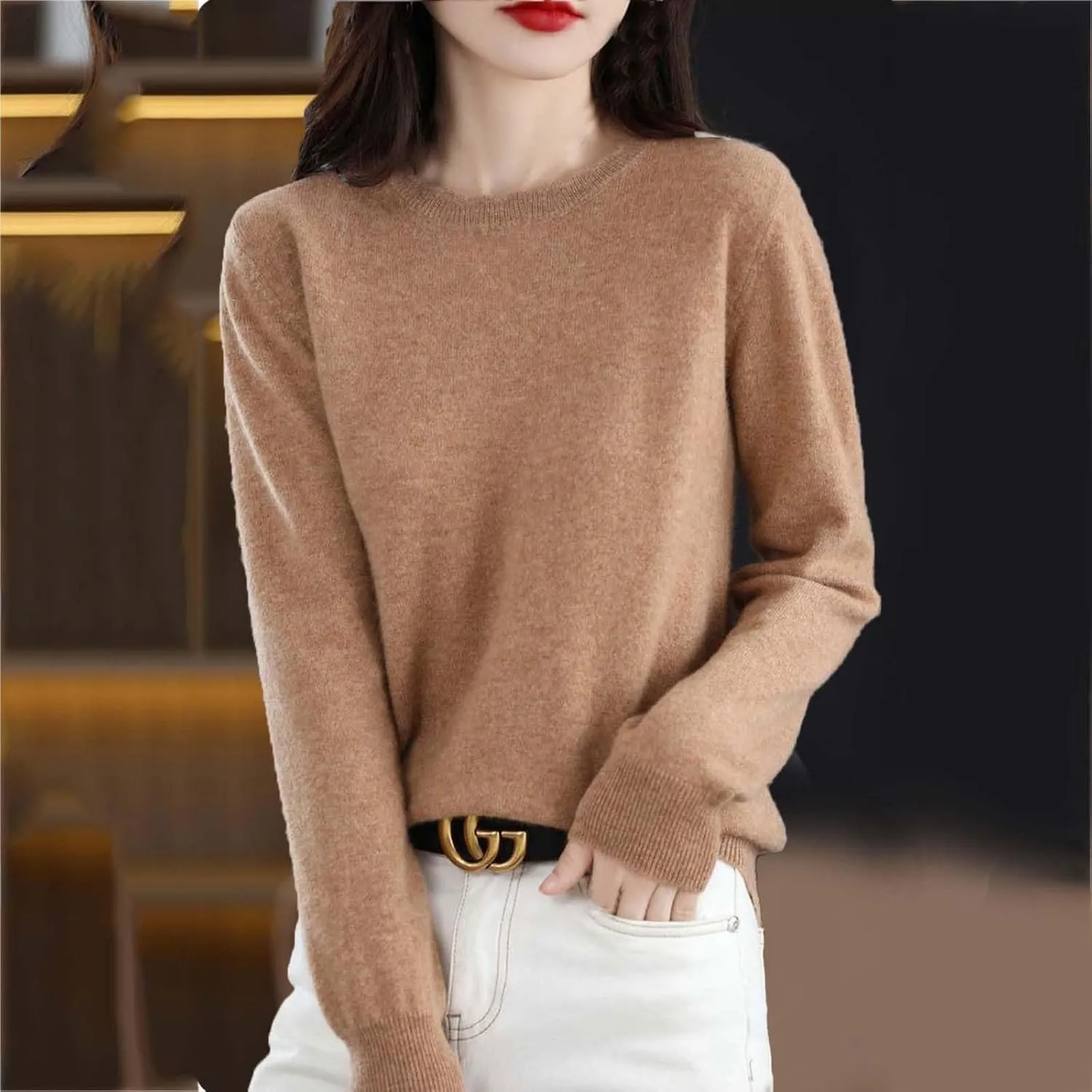 Women's Sweater Crewneck Cashmere Solid Color Long Sleeve Bottoming Shirt Pullover Tops Trendy Thermal Shirt Outfits