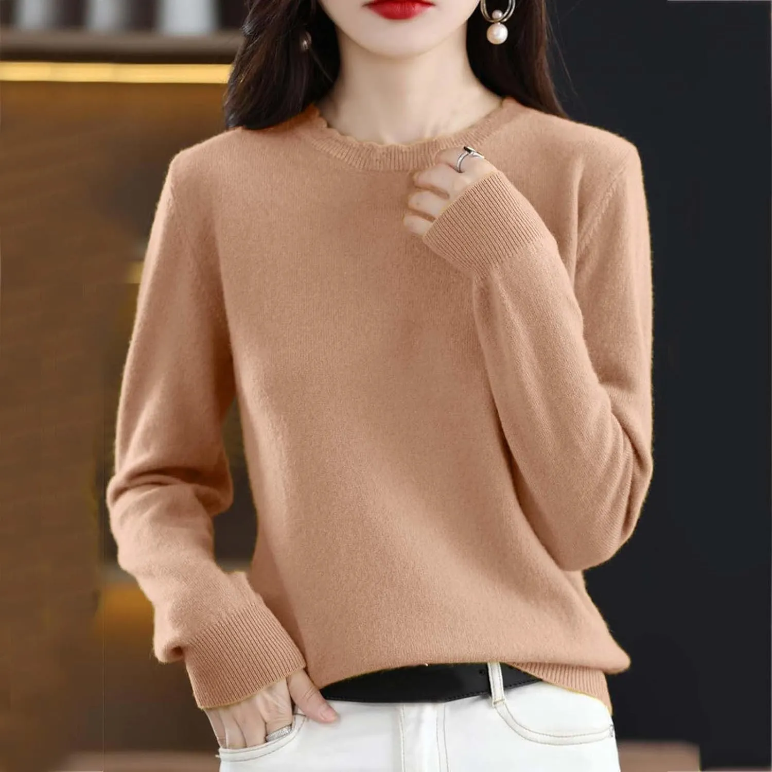 Women's Sweater Crewneck Cashmere Solid Color Long Sleeve Bottoming Shirt Pullover Tops Trendy Thermal Shirt Outfits