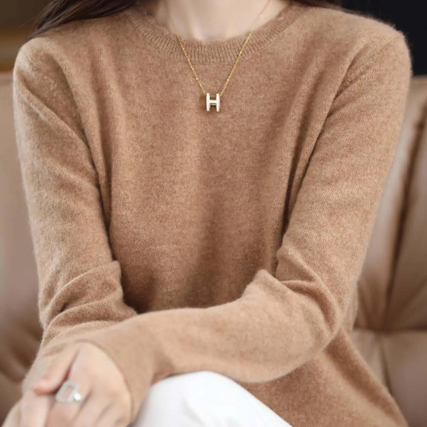 Women's Sweater Crewneck Cashmere Solid Color Long Sleeve Bottoming Shirt Pullover Tops Trendy Thermal Shirt Outfits