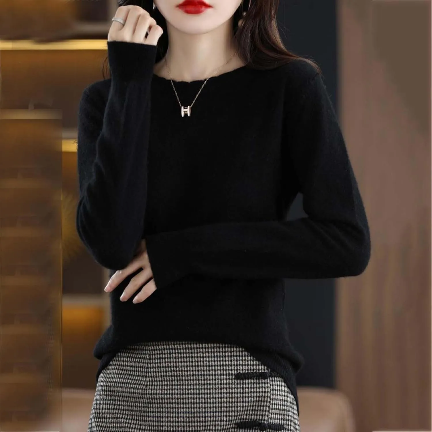 Women's Sweater Crewneck Cashmere Solid Color Long Sleeve Bottoming Shirt Pullover Tops Trendy Thermal Shirt Outfits