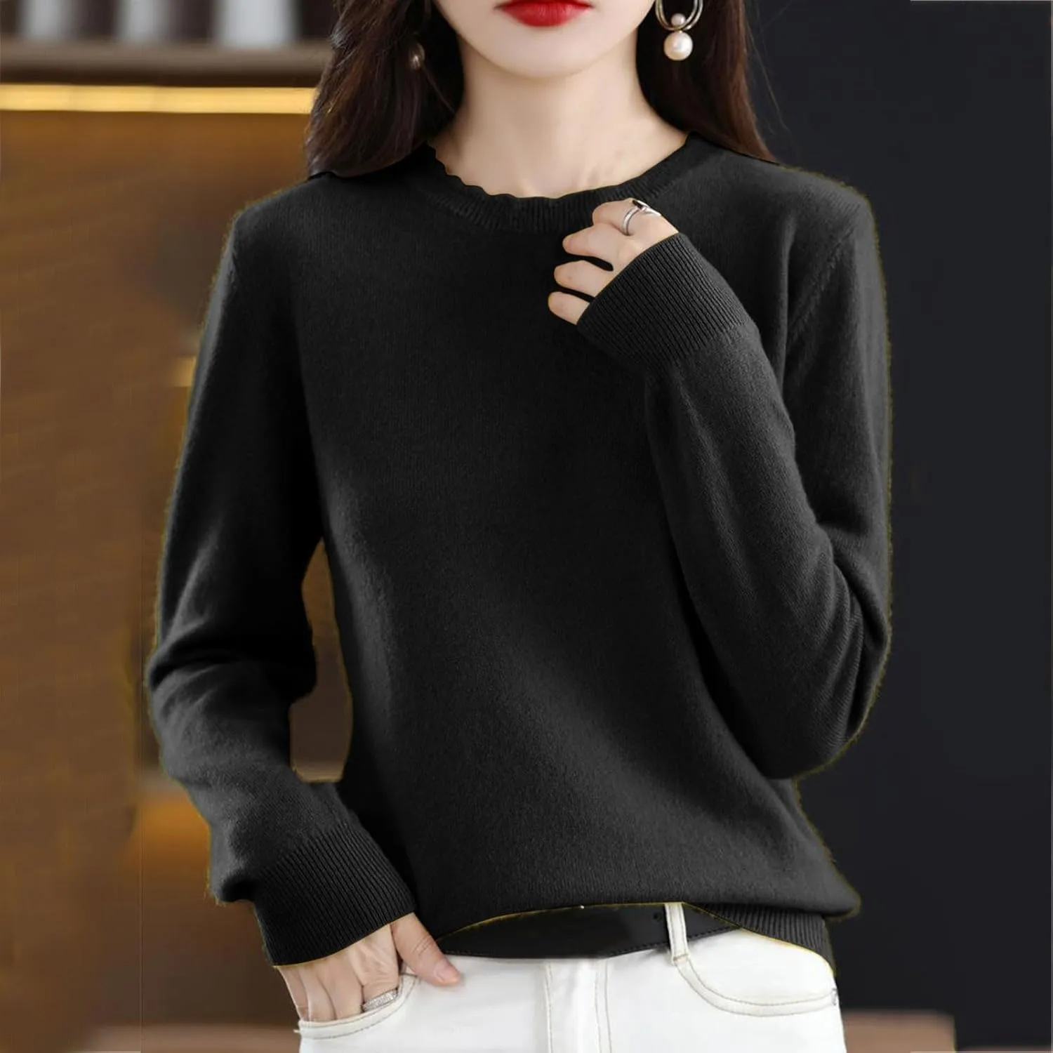 Women's Sweater Crewneck Cashmere Solid Color Long Sleeve Bottoming Shirt Pullover Tops Trendy Thermal Shirt Outfits