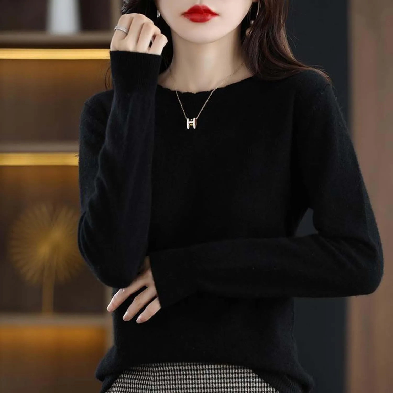 Women's Sweater Crewneck Cashmere Solid Color Long Sleeve Bottoming Shirt Pullover Tops Trendy Thermal Shirt Outfits