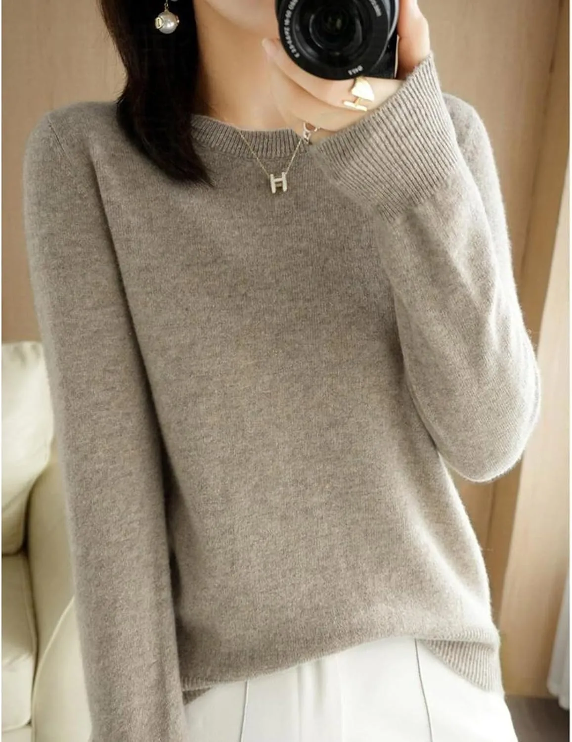 Women's Sweater Crewneck Cashmere Solid Color Long Sleeve Bottoming Shirt Pullover Tops Trendy Thermal Shirt Outfits
