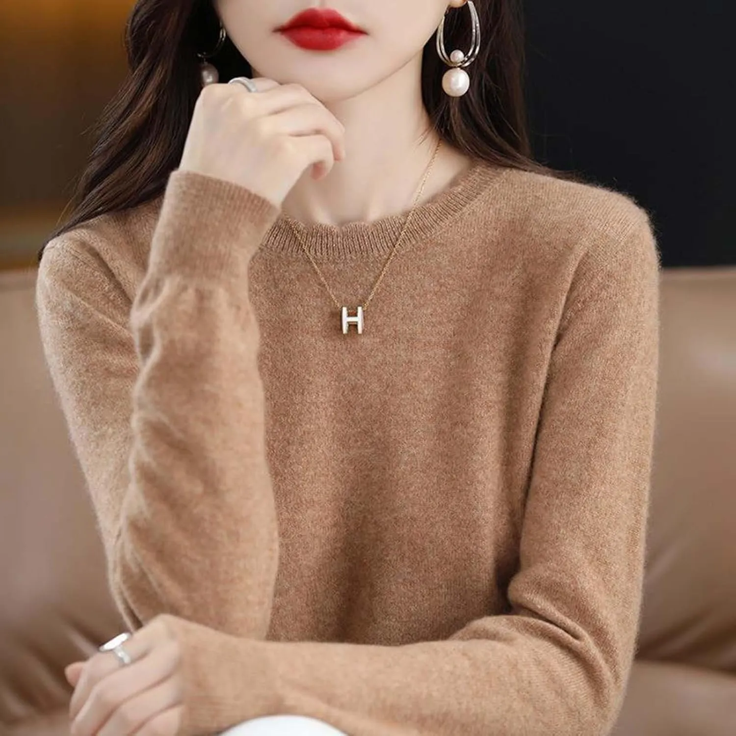 Women's Sweater Crewneck Cashmere Solid Color Long Sleeve Bottoming Shirt Pullover Tops Trendy Thermal Shirt Outfits
