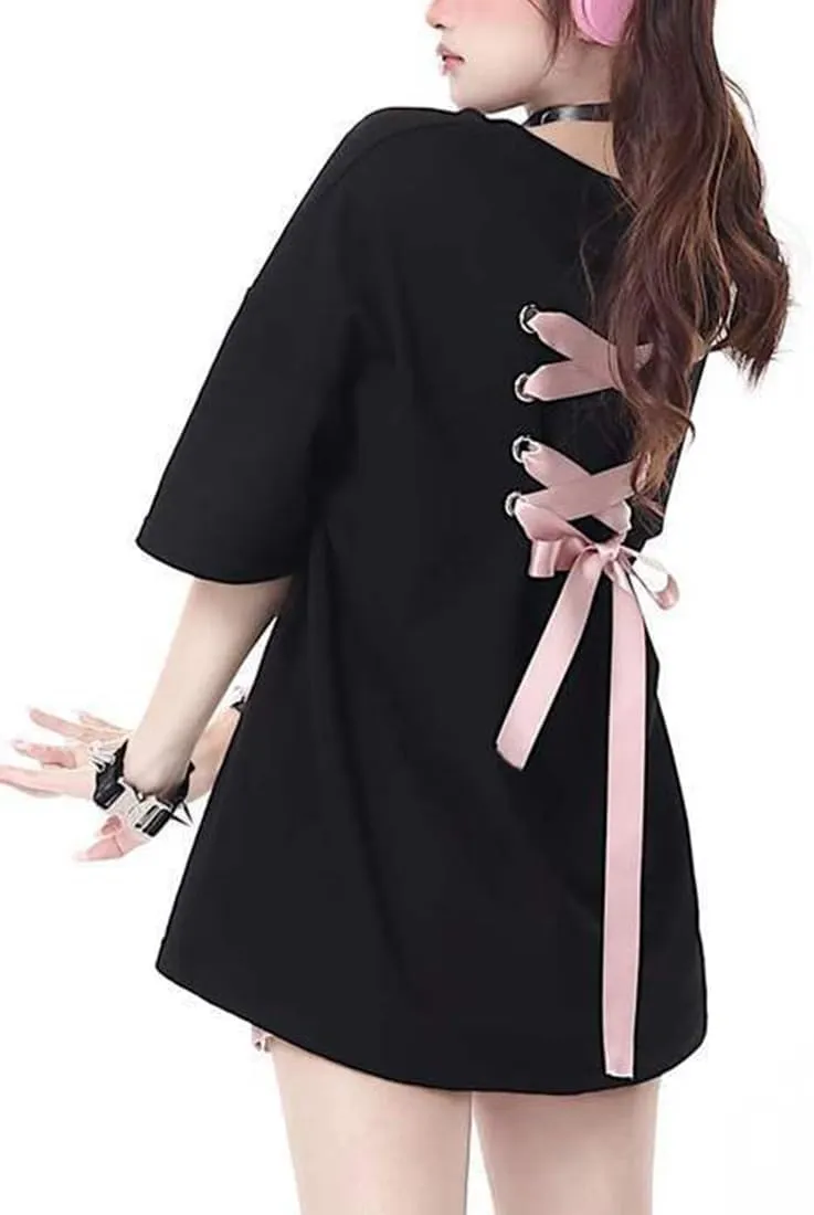 Womens T-Shirt Back Lace Up Tops Colorful Short Sleeve T-Shirt Summer Wear Personalized Tee