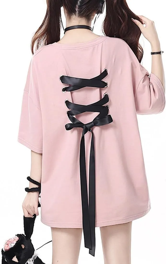 Womens T-Shirt Back Lace Up Tops Colorful Short Sleeve T-Shirt Summer Wear Personalized Tee