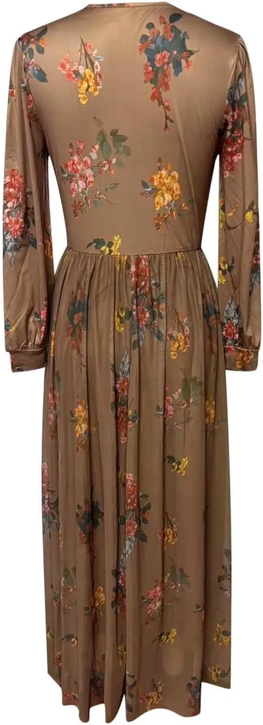 Women's Vintage Pastoral Flower Long Dress Sexy V-Neck Long Sleeve Chiffon Western Country Dresses Fall Sexy Maxi Dress