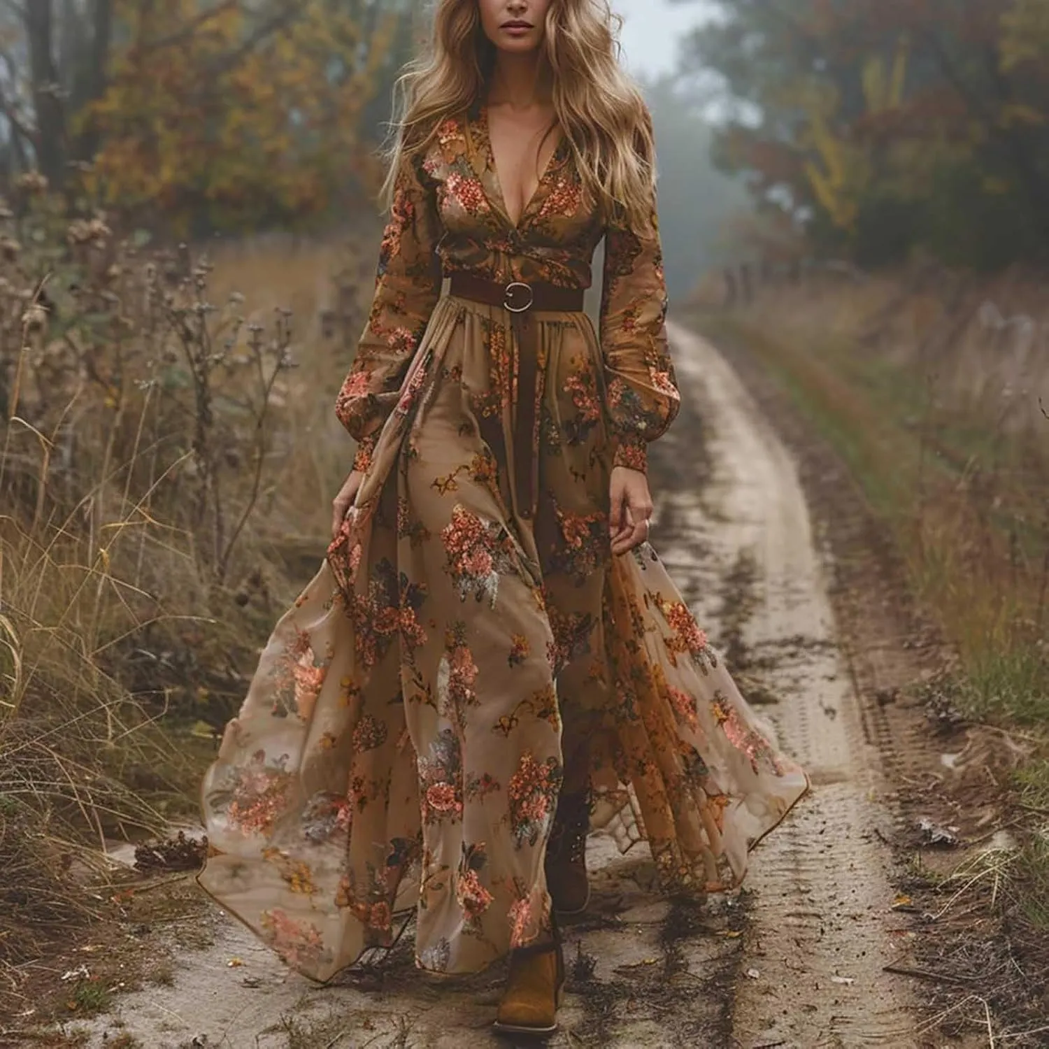 Women's Vintage Pastoral Flower Long Dress Sexy V-Neck Long Sleeve Chiffon Western Country Dresses Fall Sexy Maxi Dress