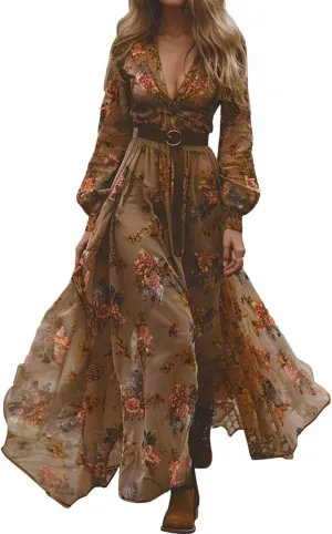 Women's Vintage Pastoral Flower Long Dress Sexy V-Neck Long Sleeve Chiffon Western Country Dresses Fall Sexy Maxi Dress