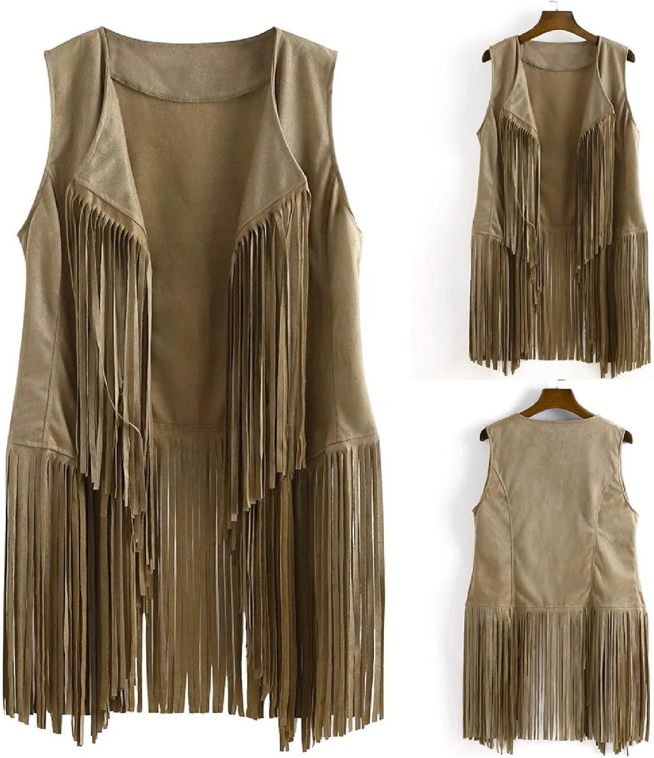 Womens Vintage Western Fringe Vest Tops Classic Suede Leather 70s Cowboy Shirt Sleeveless Tassels Cardigan Jackets